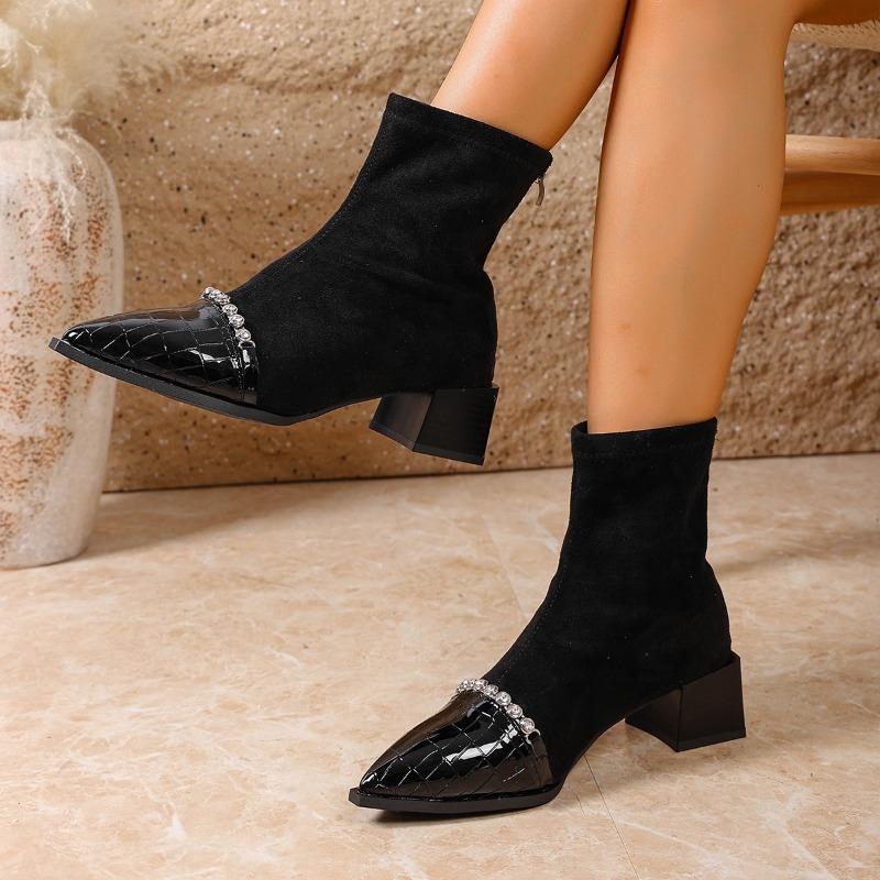 Skinny Boots Autumn New Pointed Toe Zip Rhinestone Non-slip Wear-resistant Block Heel Single Shoes