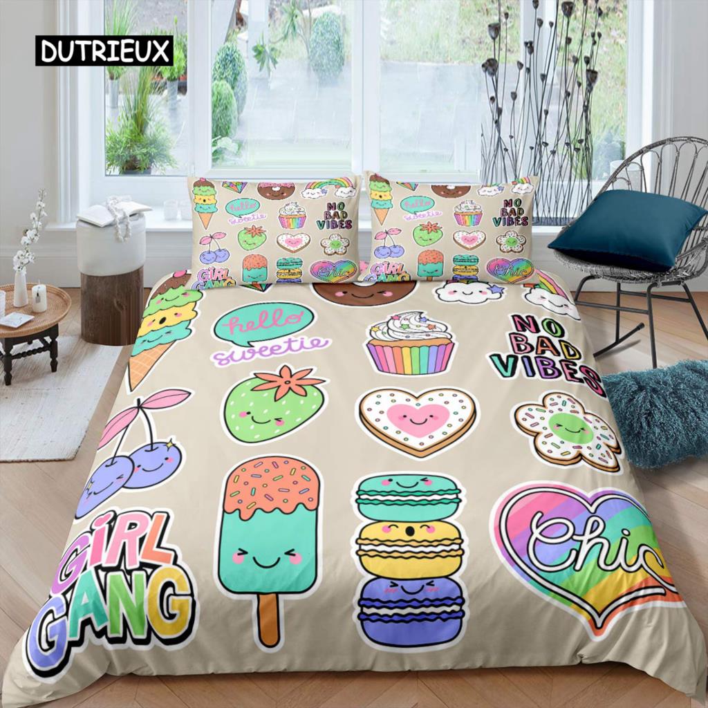 Kreskówkowy Król Królowa Poszwa na Kołdrę Deser Babeczka Lody Zestaw Pościeli Dziecko Szczęśliwe Urodziny Poliestrowa Poszwa na Kołdrę Prezenty dla Dzieci