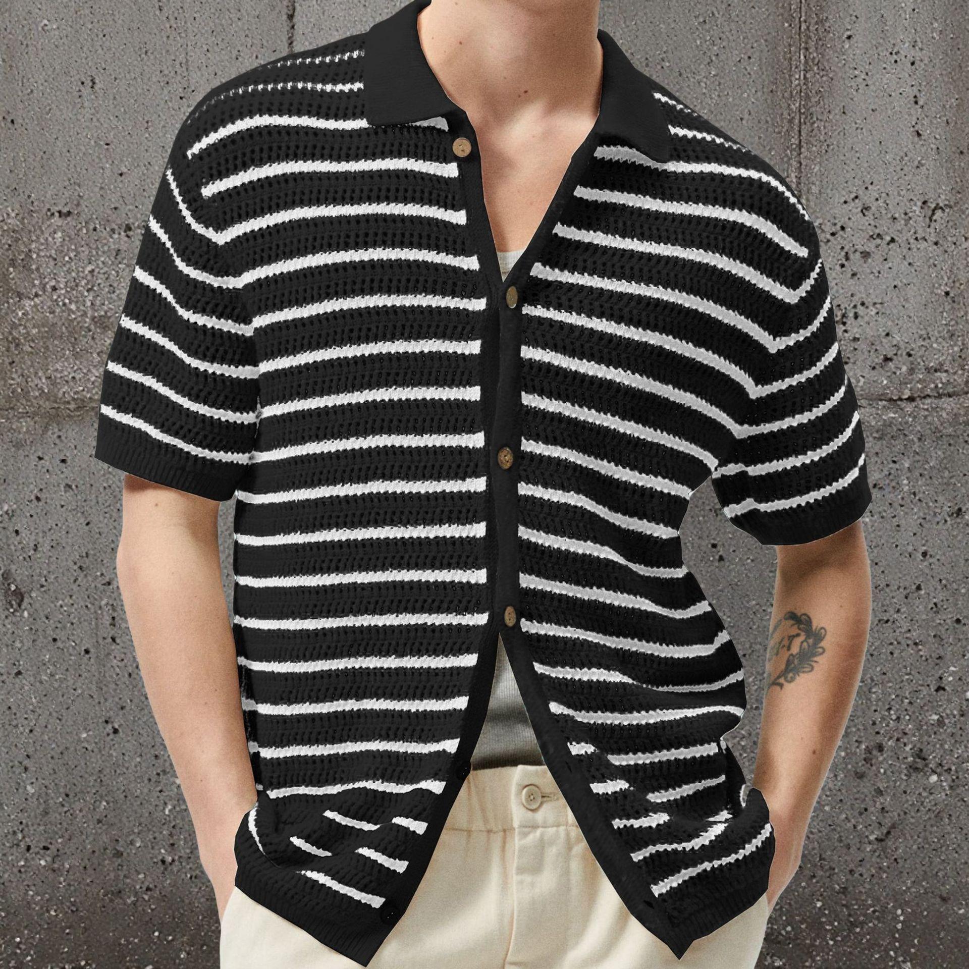 

Men s Beige & Green Striped Short Sleeve Knit Cardigan with Button Front and Collar 3XL чорний