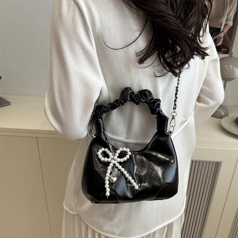Chic Shiny Women Shoulder Y2K Bag, Crescent Ruched Handbag Purse with Pearl Bow Charm Adjustable ,Chain Strap Crossbody Bag