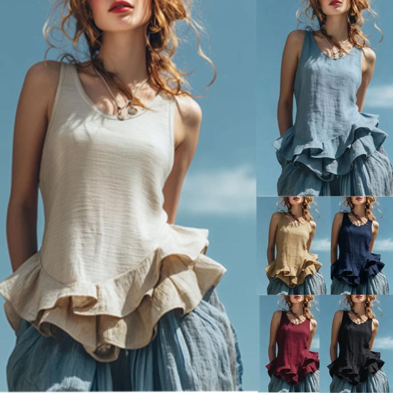 Women's Ruffle Hem Tank Top Casual Sleeveless Blouse Loose Linen-Like Camisole Summer Irregular Hem Vest Tops Multiple Colors