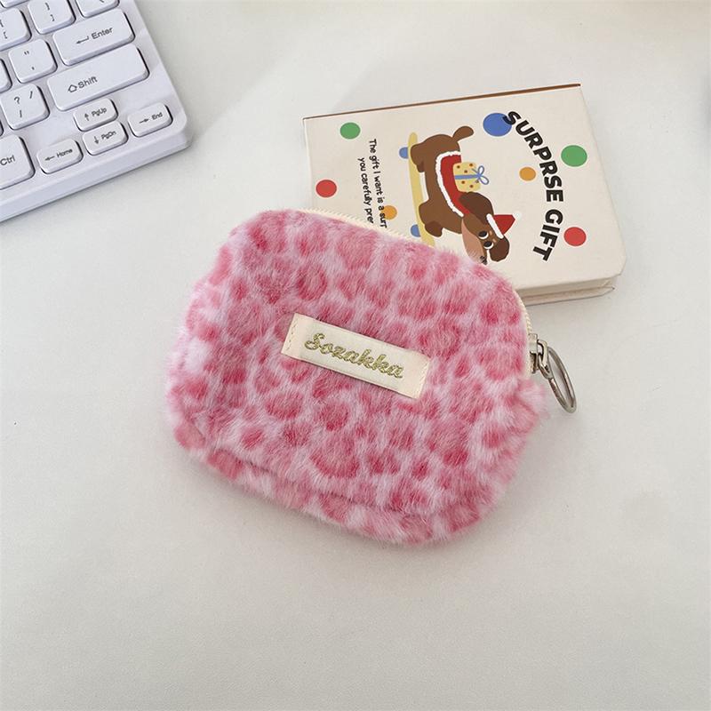 

Faux Fur Leopard Print Small Pouch For Lipstick Storage Portable Multi Function Coin Purse Id Card Holder Storage Bag Handbag