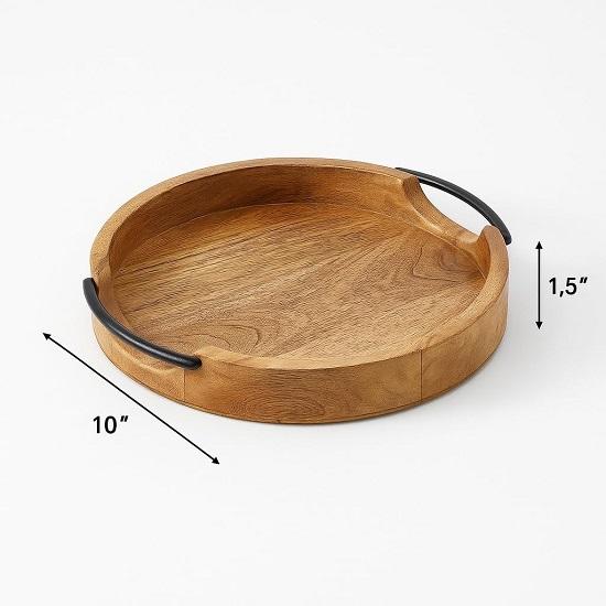 Round Wooden Serving Tray 25.4 cm Brown Wood Platter with Handles Rustic Decorative Tray for Coffee Table, Kitchen, Dining