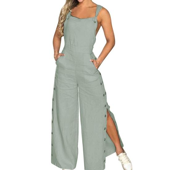 Women's Sleeveless Wide Leg Jumpsuit with Side Pockets And Button Closure Solid