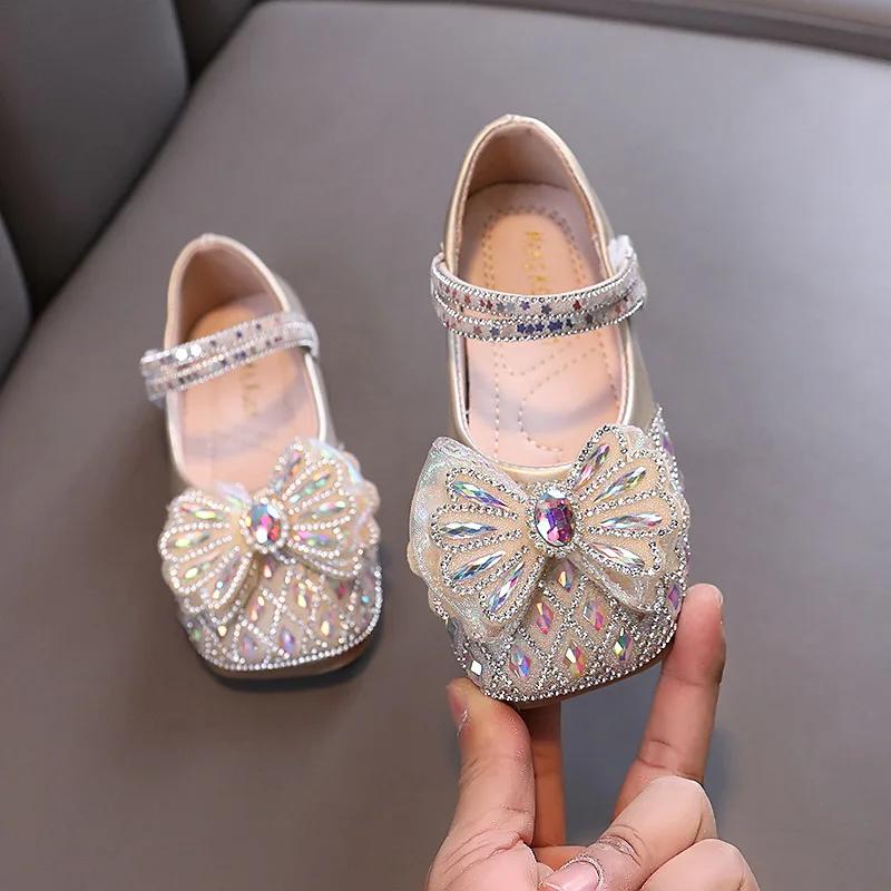 

Детские кожаные туфли на плоской подошве, универсальные балетки для девочек, модные детские повседневные туфли принцессы с бантом и стразами на свадьбу 21 золотой