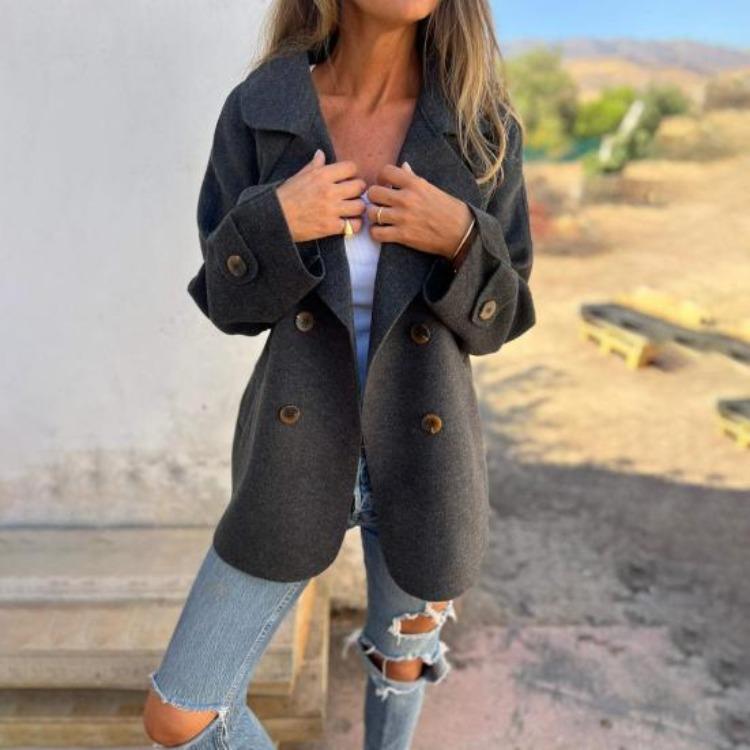 Winter Women Double Breasted Woolen Overcoat Solid Color Coat Loose Fit Thermal Long Sleeve Turn Down Collar Dating Commuting Outerwear