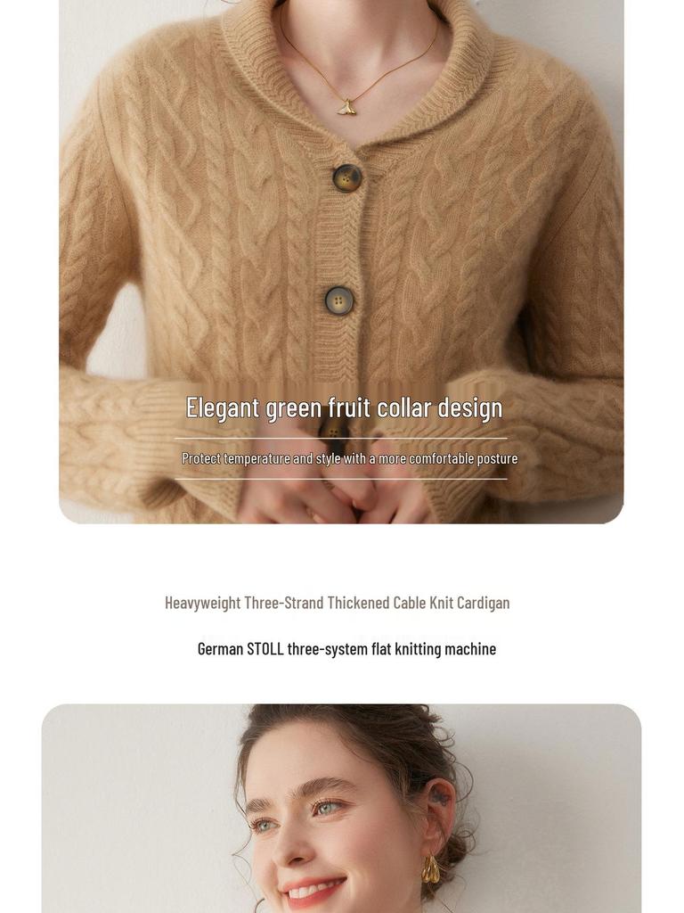 2025 Women's Cashmere Cable Knit Mandarin Collar Cardigan - Autumn/Winter, Long Sleeve, Seven-Needle & Thickened for Warmth