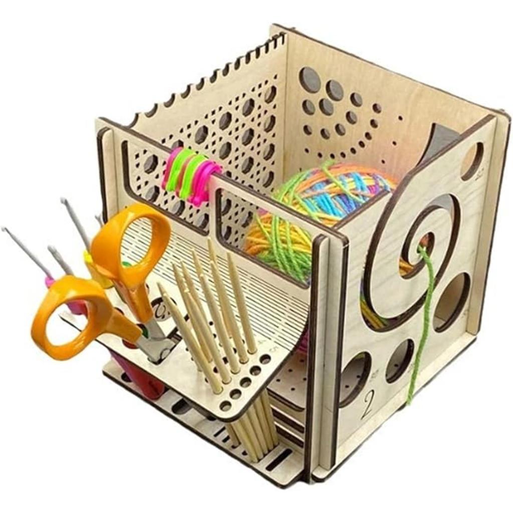 Partslety Wooden Yarn Bowl Knitting Bowl, Multi-Functional Knitting Needles Scissors Holder, All In One Yarn Storage Organizer