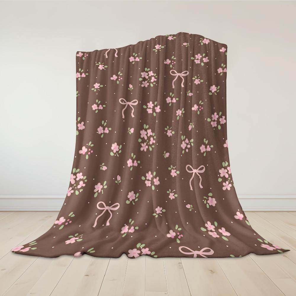 Choco Floral Bow Flannel Blanket Warm Soft Halloween Christmas Couch Warm Cozy Decorative Decor Gift For All Season