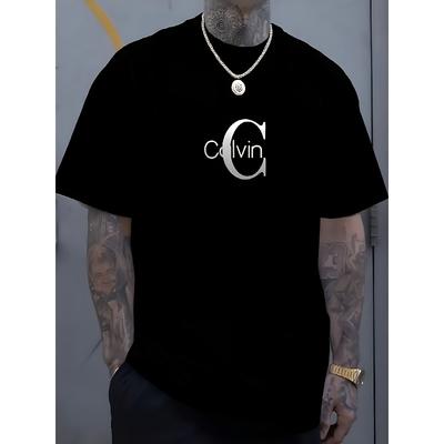 European Sizes Mens Calvin Graphic T Shirt Round Neck Short Sleeve Casual Attire Comfortable Stylish for Adults Machine Washable Relaxed Fit