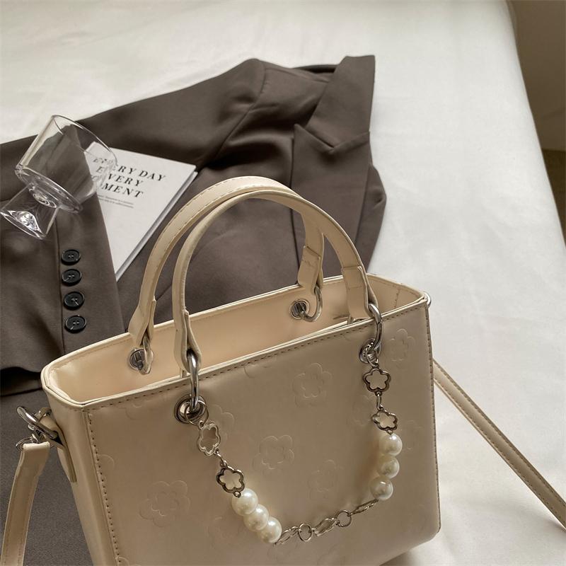 Women's Bag  New French Fairy Style Handbag Fashionable Pearl Beaded Small Print One Shoulder Crossbody Bag Trend