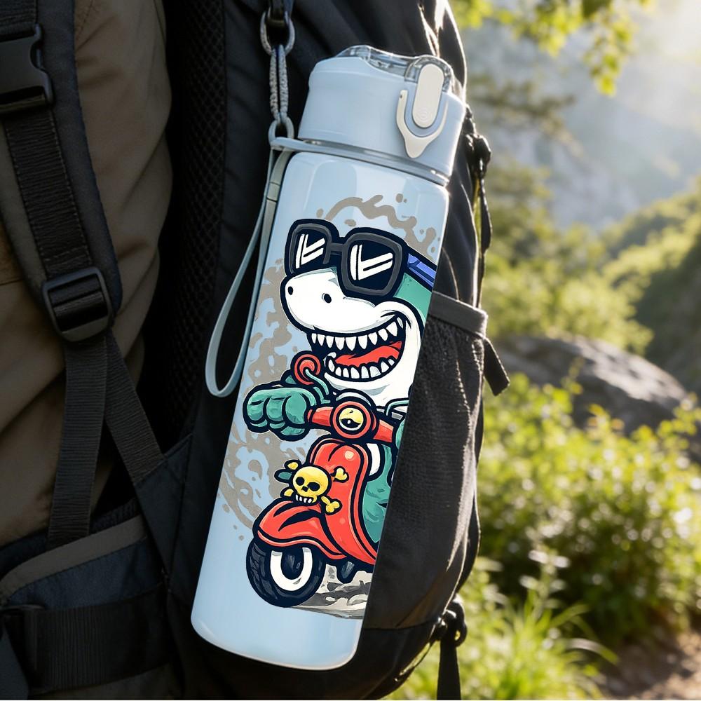 1PC Cool Fox Riding Motorcycle Cartoon Print 750ml Color Plastic Sports Water Bottle Leakproof Flip Straw Lid Suitable for Sports Office Home Use