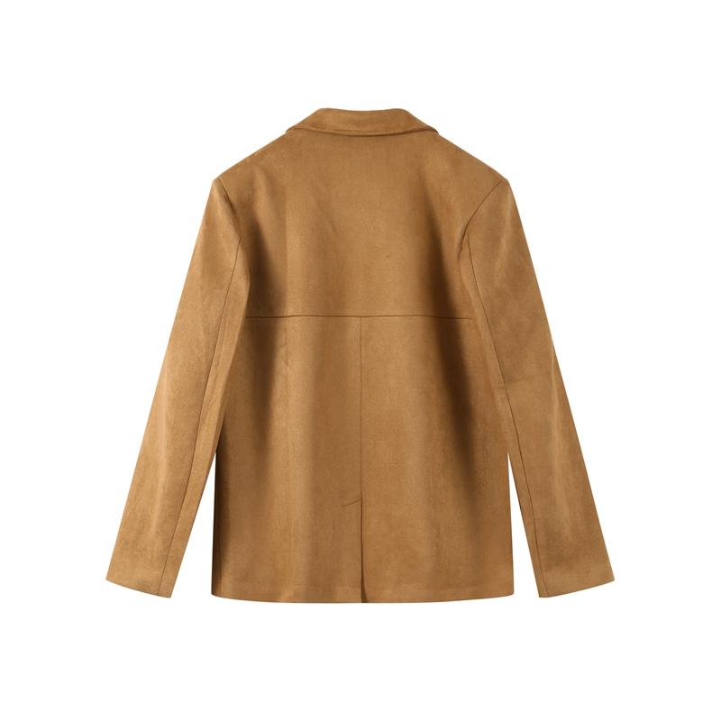 Dámská semišová bunda s klopovým límcem, jednoradové zapínání, khaki, s dlouhým rukávem, sako, módní na dojíždění, větruodolná, teplá bunda, podzim 2025