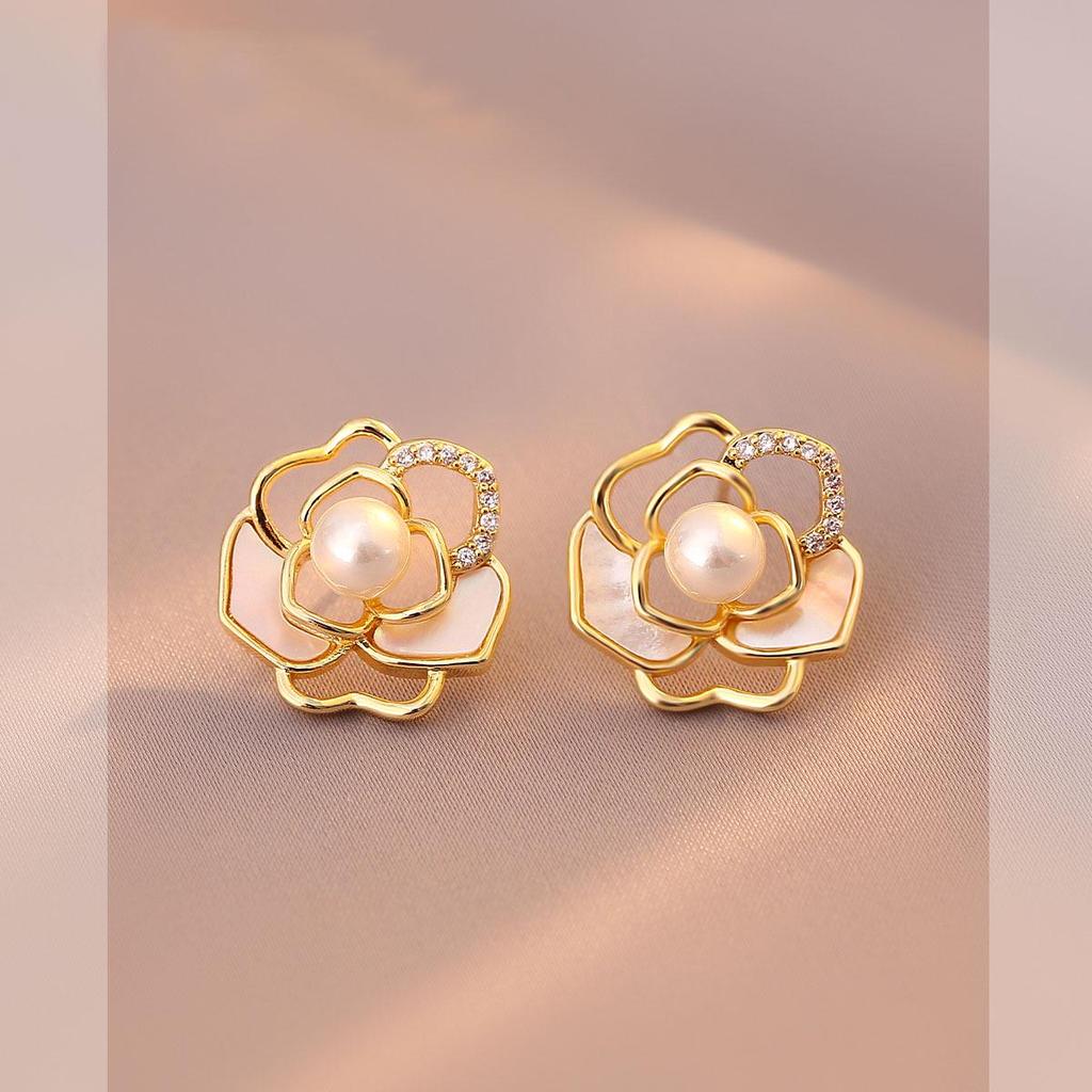 Camellia Mother-of-Pearl Drop Earrings, S925 Silver Studs for Women - High-End Luxury Design