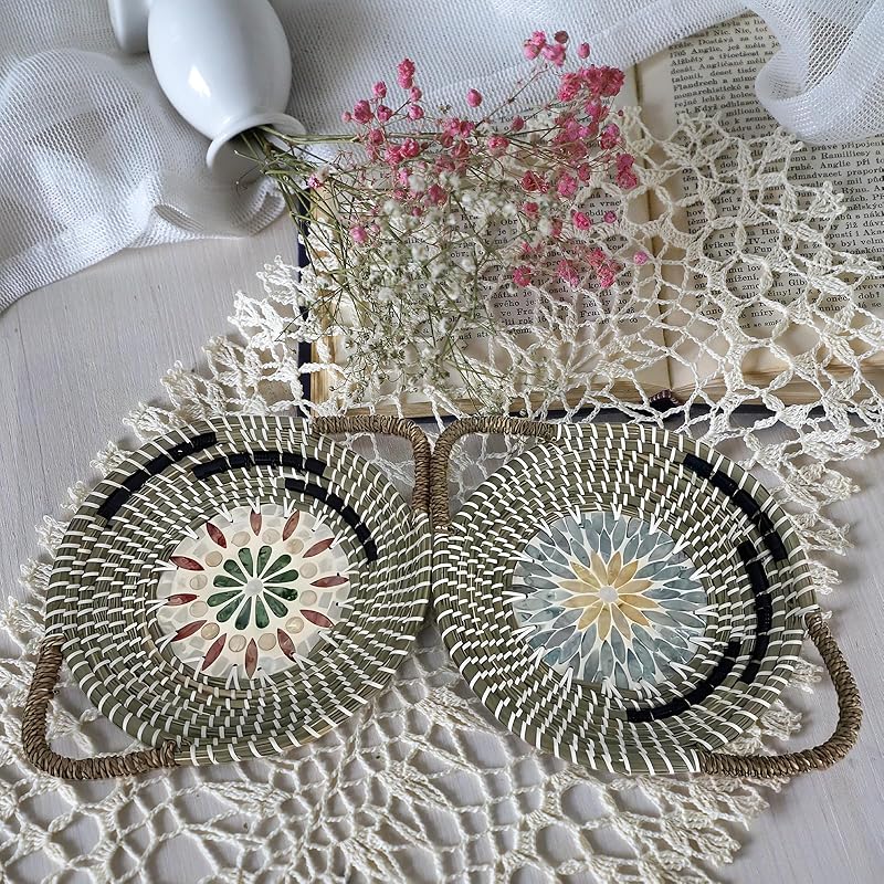 Set of 3 Round Rattan Tray Set with Mother of Pearl Inlay, Wicker Tray, Storage and Display of Coffee Bread Food Fruit, Table Decor, Home Decor