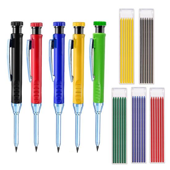 Mechanical Carpenter Pencils with 6 Refill Construction Pencil with Built-in Sharpener Deep Hole Long Nib Marker Pen for Woodworking Architect Marking
