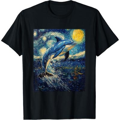 Uroczy Delfin - Styl Van Gogha - Graficzny T-shirt z Motywem Gwieździstej Nocy