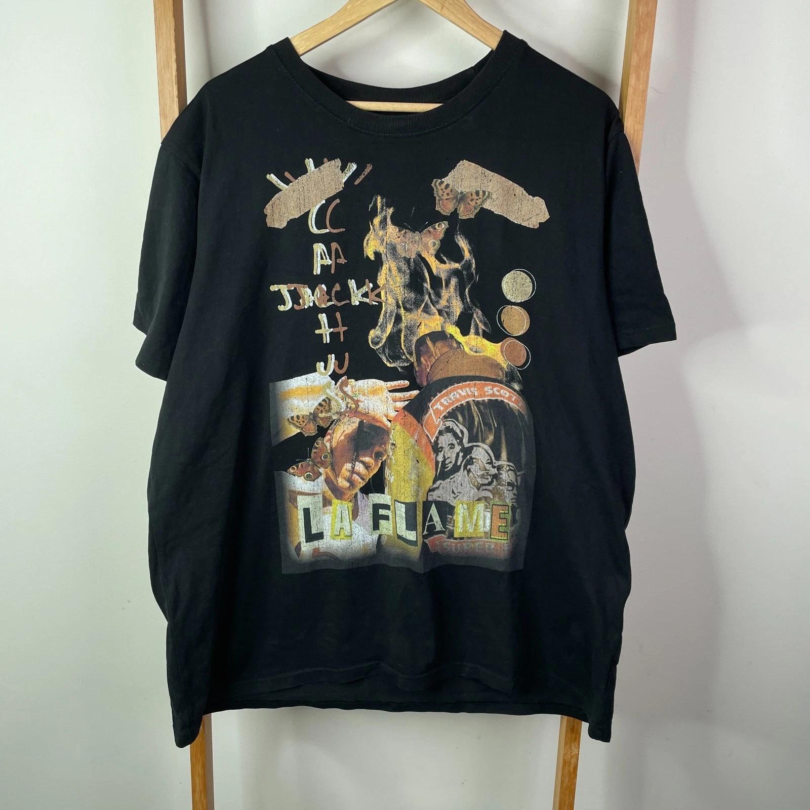 Трэвис Скотт La Flame Оверсайз Хип-хоп Футболка Мужская 2XL Черная С Графическим Принтом 3XL