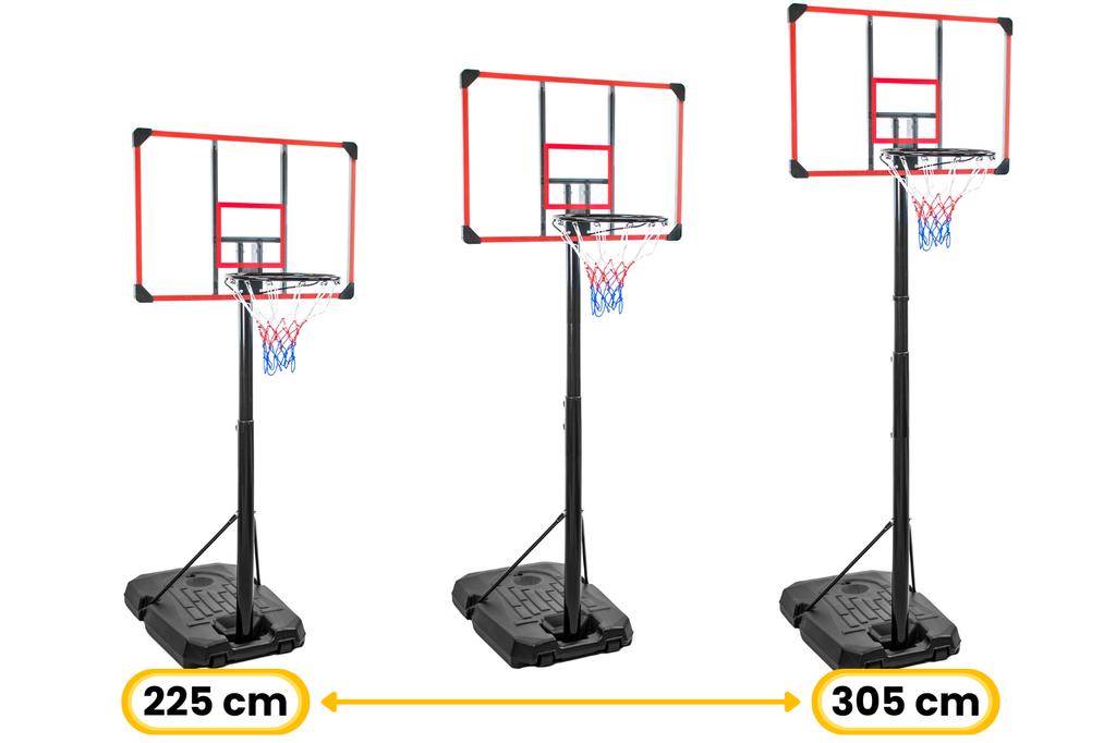 Freestanding basketball hoop with outdoor backboard, height adjustable