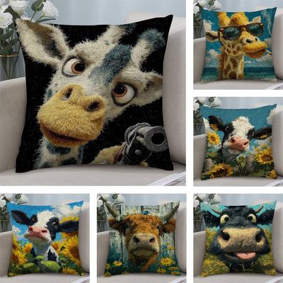 Federa per Cuscino Animali Divertenti Mucca Giraffa Peluche Corto Stampa Double-Sided Copricuscini Quadrati Decorazione Cuscino per Divano Casa