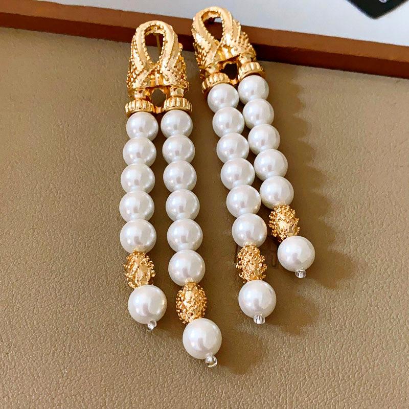 Silver needle geometric double-layer artificial pearl earrings French high-end fringed earrings personalized light luxury niche earrings women