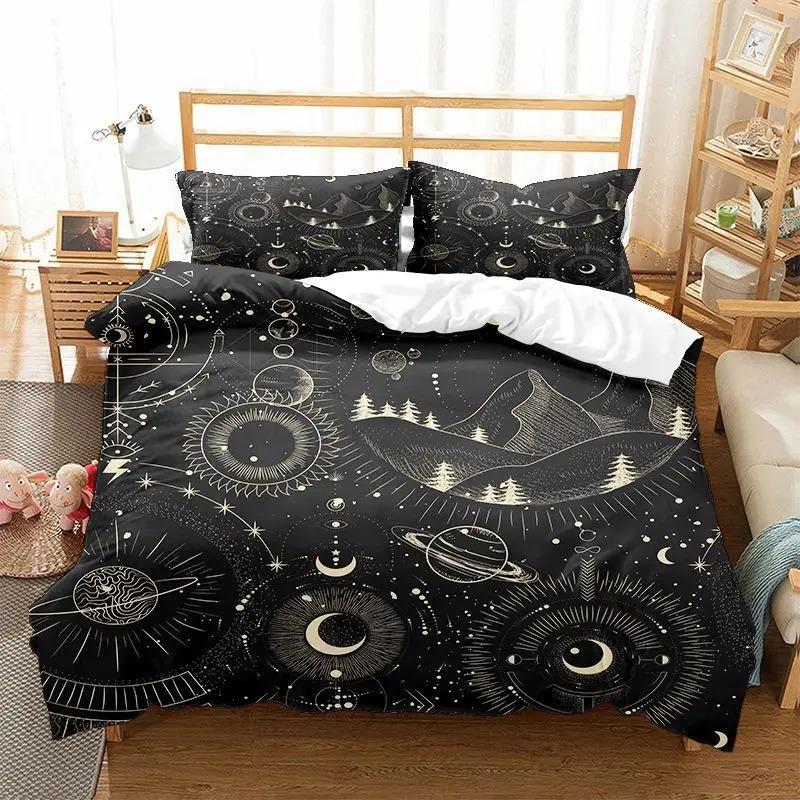 Sonne Mond Bettbezug KingQueen Größe, Galaxie Boho Exotisches Bettwäscheset Schwarz Gold Astrologie Himmlisch Polyester Steppdecke