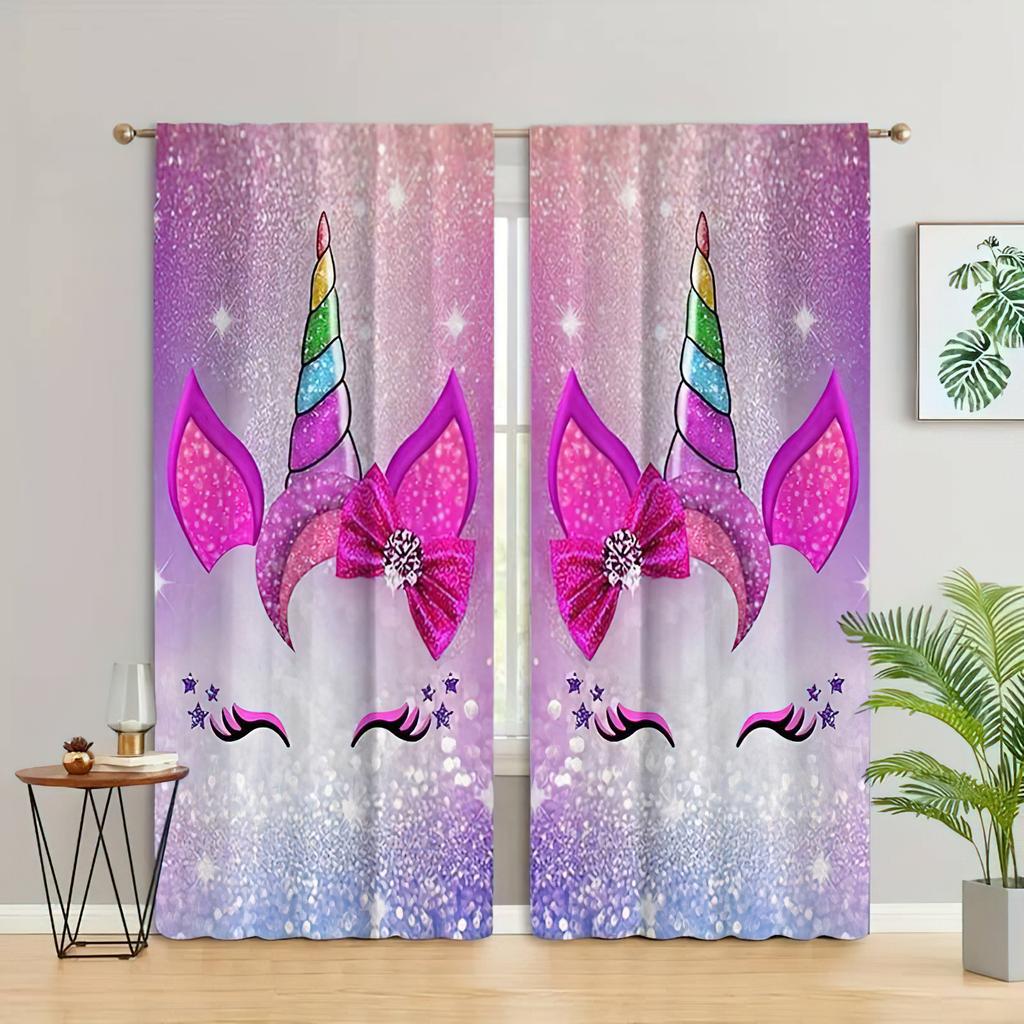 Pink Unicorn Print Curtains, Kids Gift Bedroom Decoration Curtains, High Quality Semi-Blackout Curtains, Home Decoration 2PCS