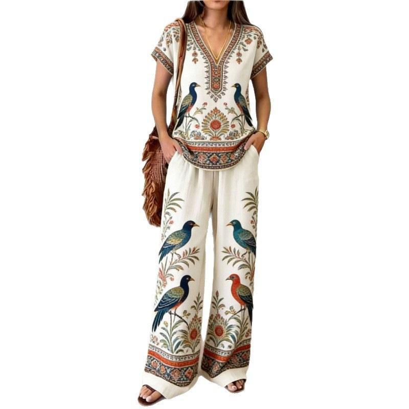 Travel essentials printed two-piece set, vintage elegance V-neck top, loose hierarchy wide-leg pants, vacation style