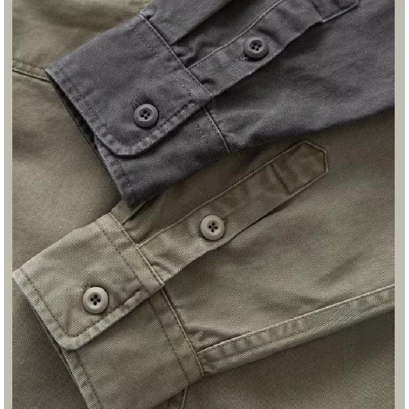 Trendy heavy-duty work shirt for men, thickened twill, loose fit, American retro style, spring and autumn, army green shirt jacket
