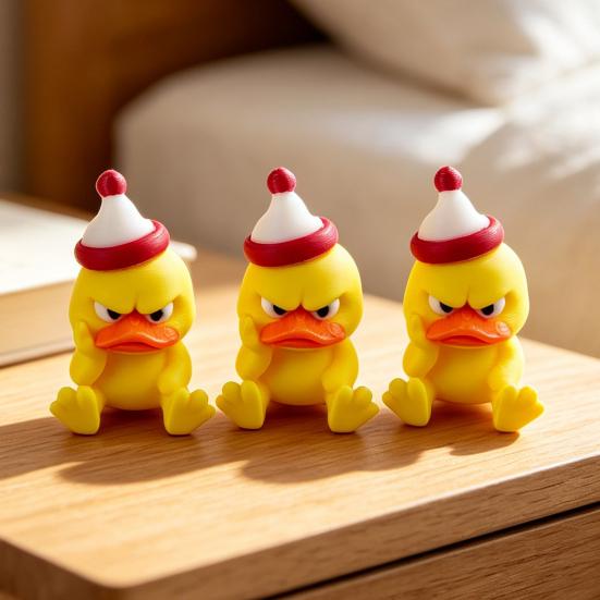 Creative Holiday Gifts 3D Printed Yellow Duck Figurine, Funny Arrogant Statue with Christmas Three Dimensional Figurine Hat, Miniature Ornament