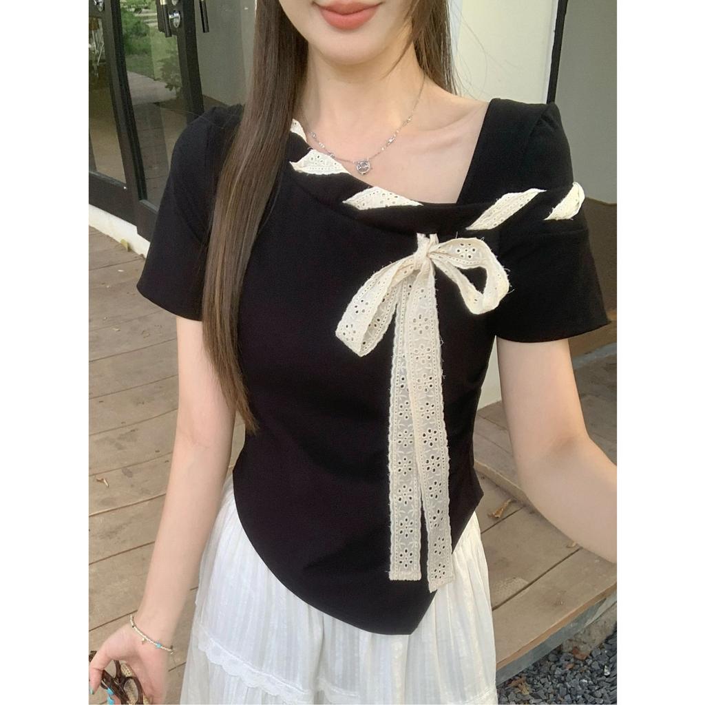 La Chapelle Bow Short-sleeved T-shirt Women's Summer Design Sense Temperament Unique Square Neck Thin Bottoming Shirt