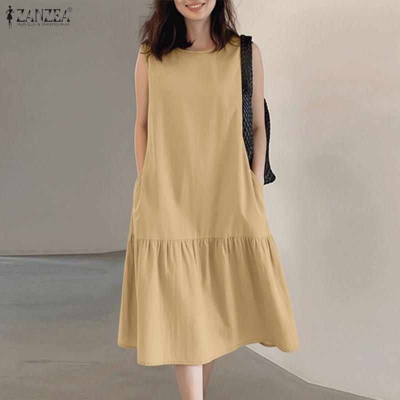 ZANZEA Women Casual Round Neck Solid Color Loose Sleeveless Dress