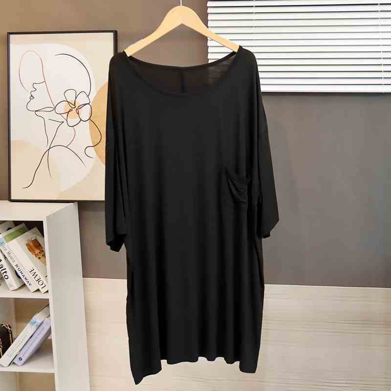 Niedrig geschnittenes kurzärmeliges T-Shirt für Damen, Sommer, locker, mittellang, lockerer Fall, Tasche, atmungsaktiv, Nachthemd-Top