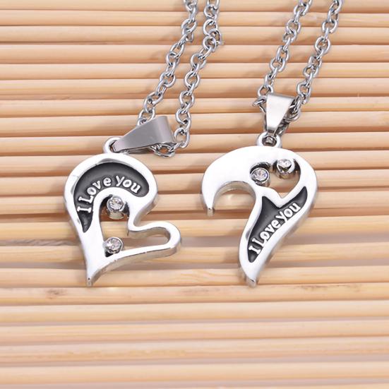 1 Pair Couple Necklace I Love You Rhinestone Inlaid Unisex Heart Shape Pendant Lover Necklace for Anniversary