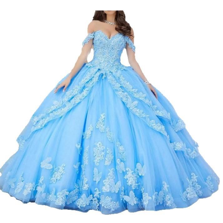 High-end Heavy Industry One-word Shoulder Light Wedding Dress Blue Fugitive Princess Tutu Dress Light Luxury Evening Dress