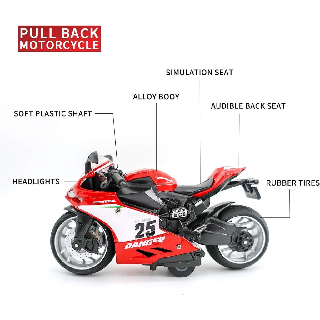 1/12 Scale Rapidly Racing 25DS Motorcycle Toy,Pull Back Vehicles,Alloy Toy Motorcycle with Sound and Light,Motorcycle Replica for Kids 3-9
