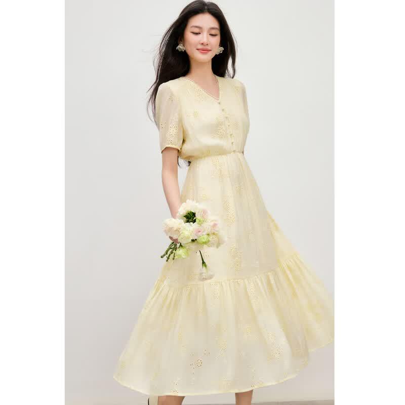 Autumn Water Lady V-Neck Puff Sleeve Embroidered Dress