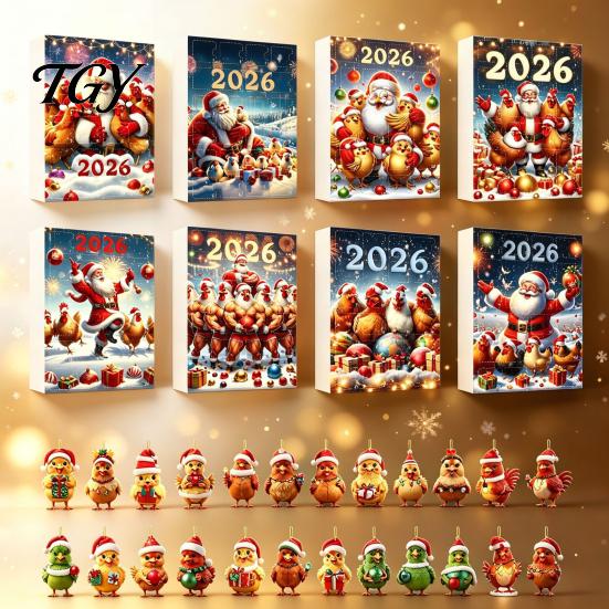 Vánoční odpočítávací krabička Kuřecí adventní kalendář 2026, 24 dní do Vánoc s 2D plochým stromkem, Akrylová ozdoba, Kreslený závěsný přívěsek na stromek, Svátky