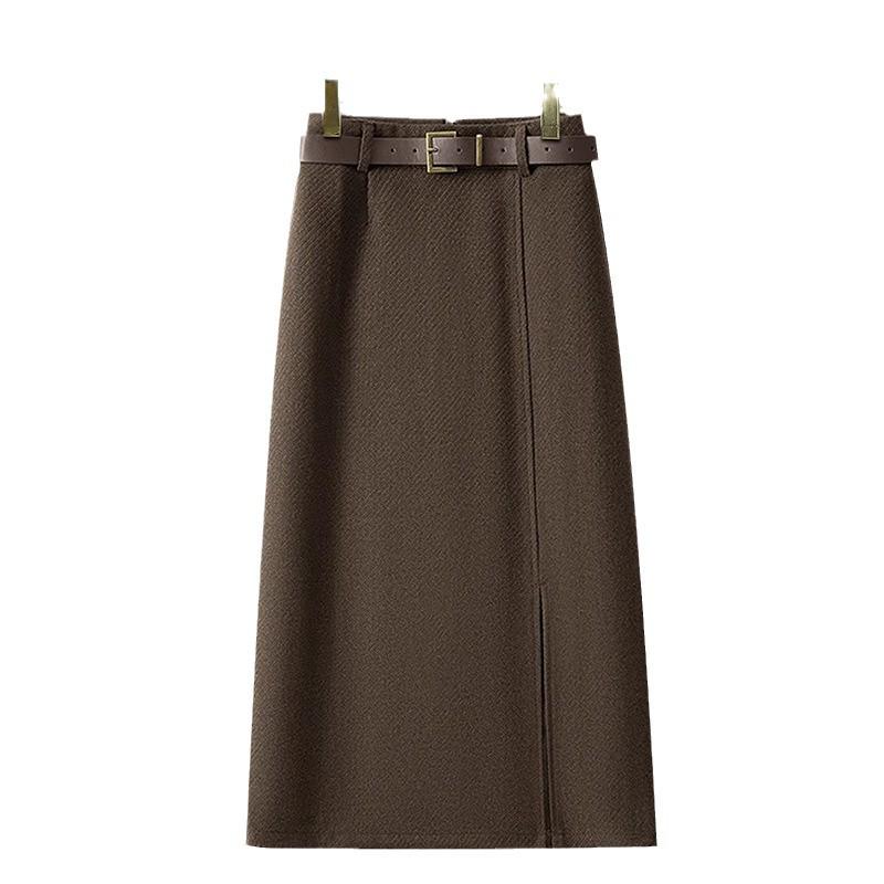 Gray Woolen A-Line Midi Skirt for Women - Autumn/Winter 2024 Stylish Hip Wrap Skirt