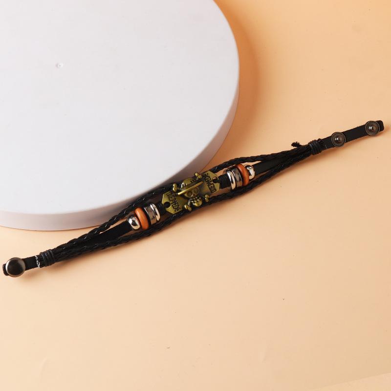 One Piece Straw Hat Luffy Skull Leather Bracelet - Retro Woven Bangle
