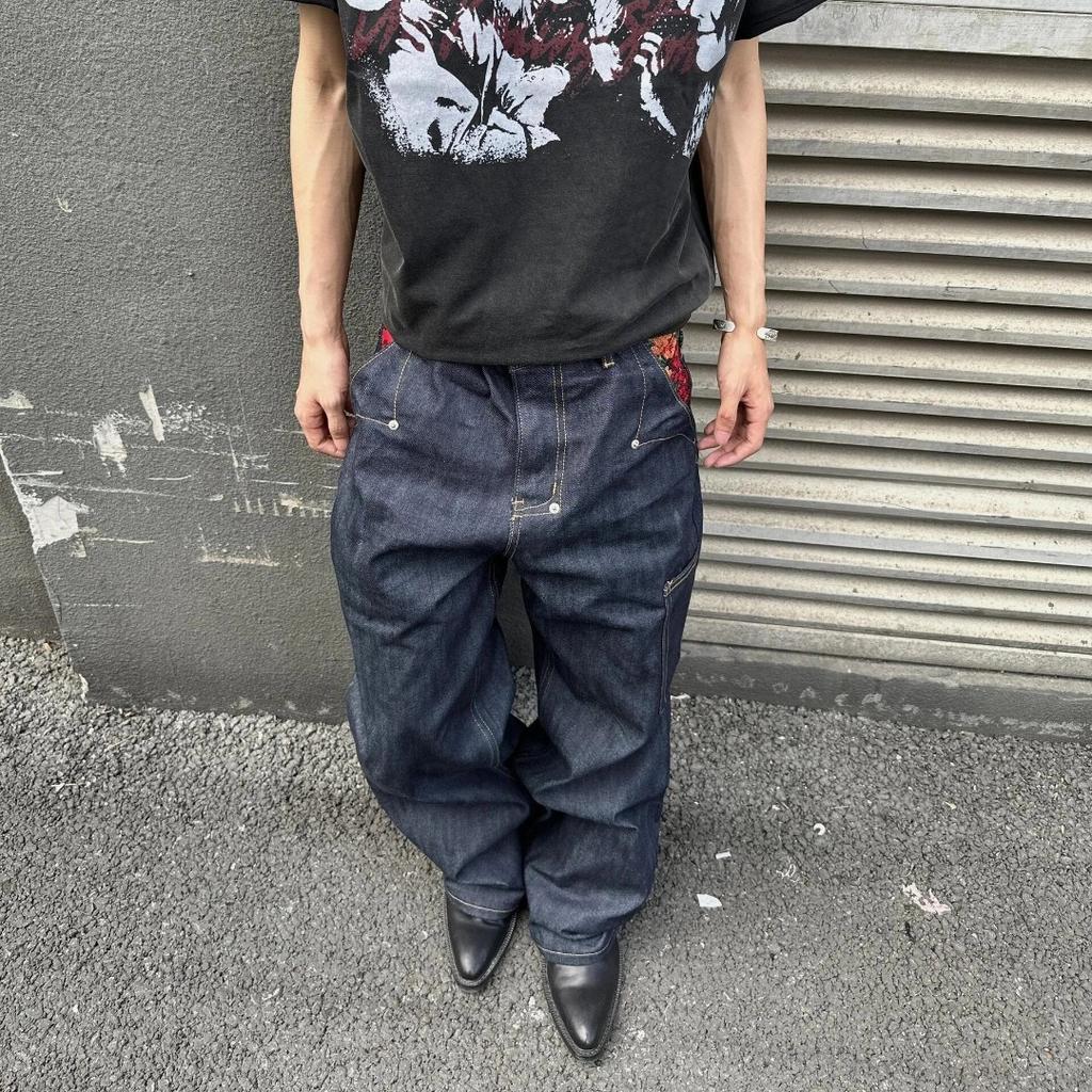 American Denim Blue Design Loose Straight Embroidered Jeans Men's Hiphop Casual Vibe Style Long Pants