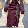 Chic French Style Evening Party Dress for Ladies V Neck Long Sleeves 3D Floral Mesh Sequins Satin Splice Senior Dresses