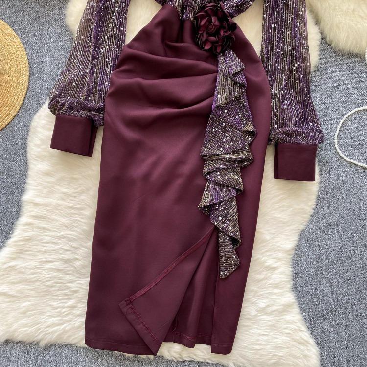 Chic French Style Evening Party Dress for Ladies V Neck Long Sleeves 3D Floral Mesh Sequins Satin Splice Senior Dresses