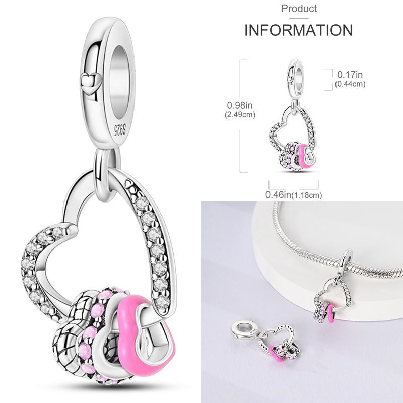 New 925 Sterling Silver Pink Series Scissors Dancing Skirt Buttons Pendant Love Beads Bags Charms Fit Bracelets DIY Jewelry Gift