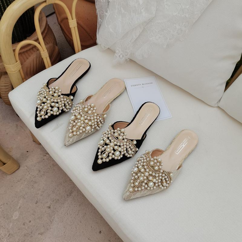 French Romantic Handmade String Gentle Lace Pointed Flat Bottom Slippers Fairy Wind Baotou Slippers