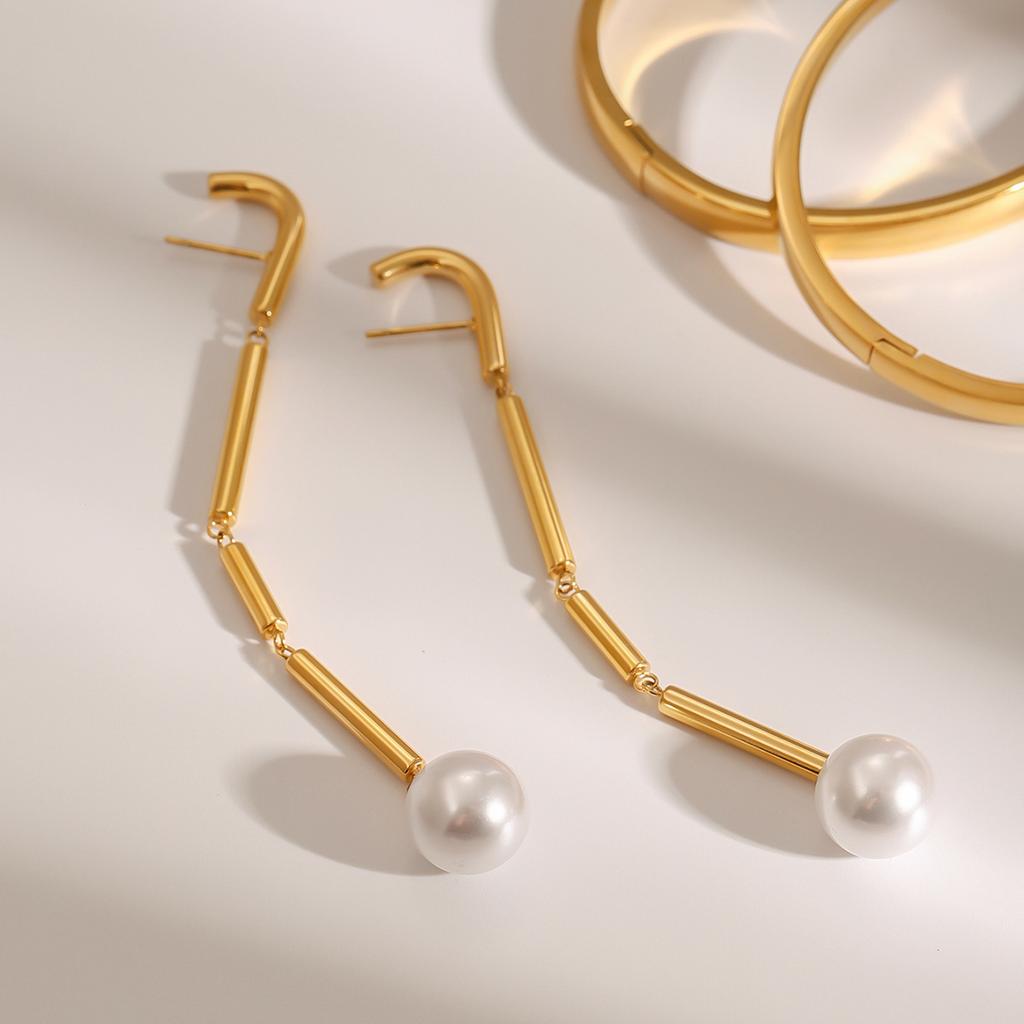 Jiedin European and American stainless steel fringed earrings niche pearl studs titanium steel ins earrings jewelry