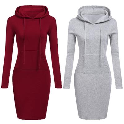 Rahat Düz Renk Uzun Kollu Bodycon Kapüşonlular Kadın Kapşonlu Diz Boyu Elbise