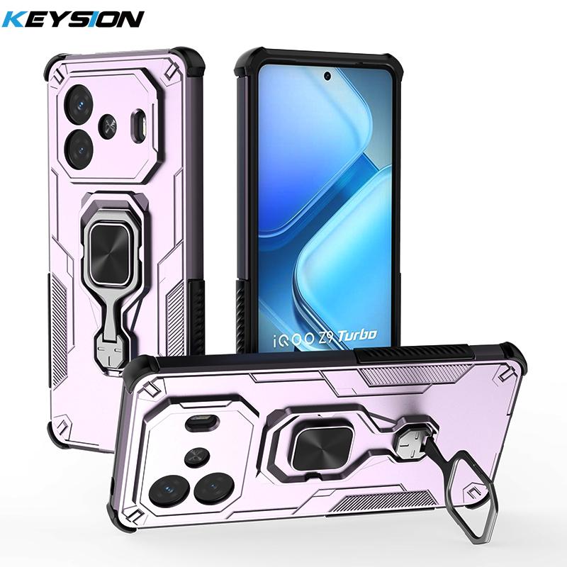 KEYSION Shockproof Armor Case for IQOO Z9 Turbo Soft Silicone+PC Upright Metal Ring Stand Phone Cover for IQOO Z9 Turbo+ Z9 5G