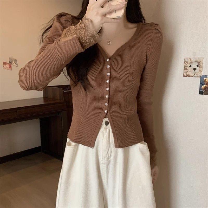 Private Lady Knit Cardigan With Lace Splicing And Princess Sleeves For Spring Wear