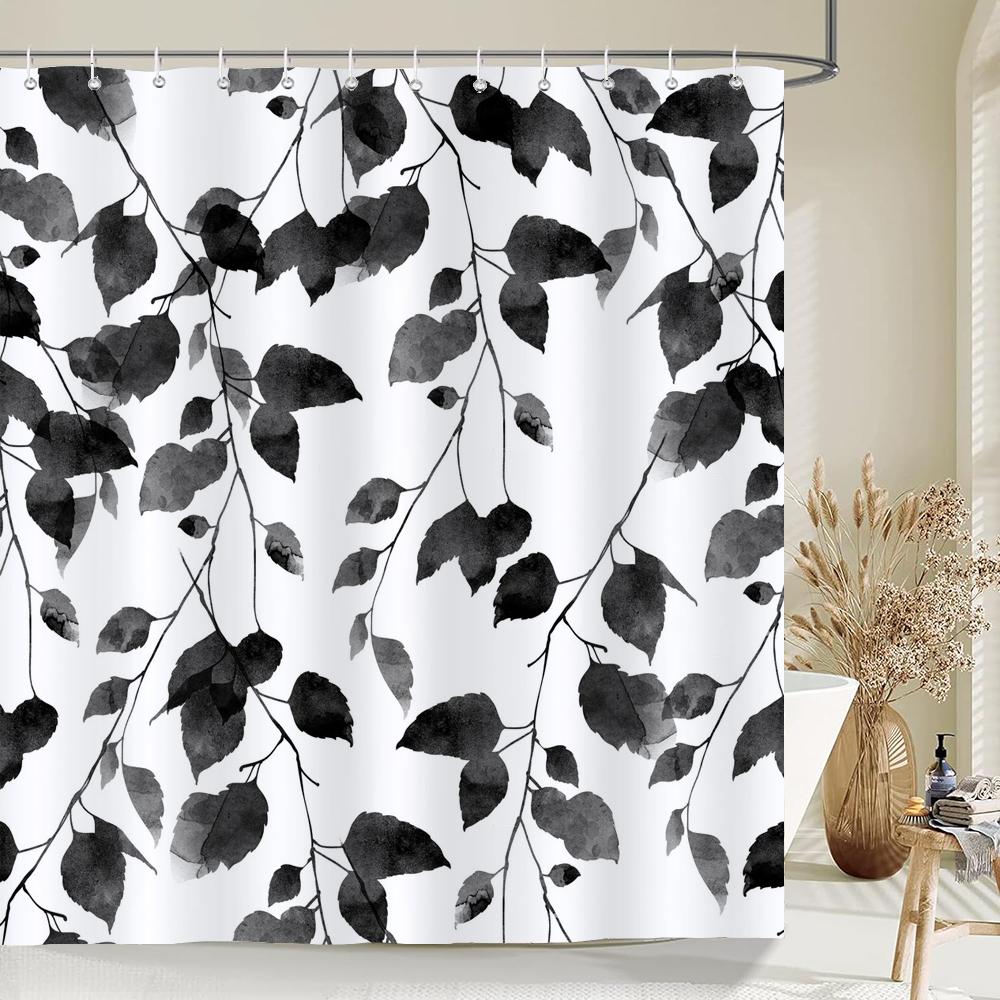 1 Pcs Shower Curtain Flowers Plants Black Printed Bathroom Curtain Polyester Cloth Waterproof Home Decoration Curtain with Hook
